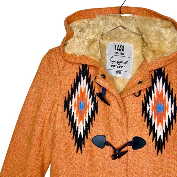 Tasi Malibu Aztec Southwestern Wool Faux Fur Lined Women’s Hooded Coat Sz S - Picture 4 of 13